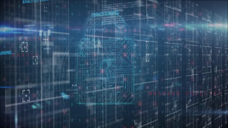 Animation of data processing and padlock on blue background