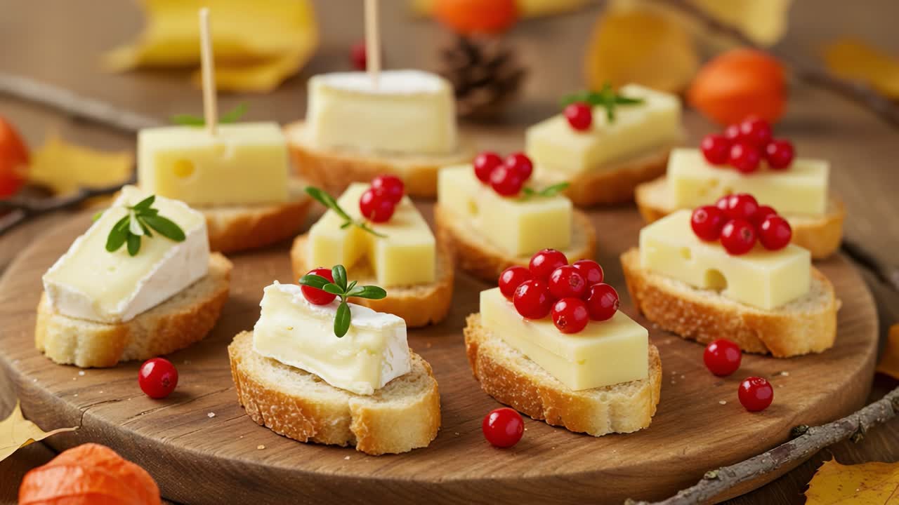 Autumnal Cheese and Red Currant Appetizers on a Wooden Board