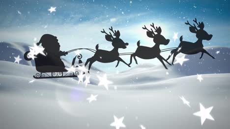 Animation-Des-Weihnachtsmanns-Im-Schlitten-Mit-Rentieren-über-Schnee,-Fallenden-Sternen-Und-Winterlandschaft