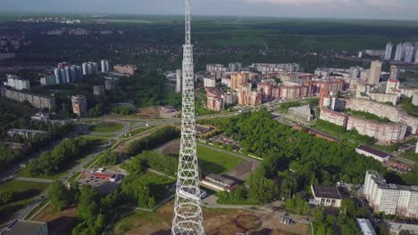 aerial view of city with tower