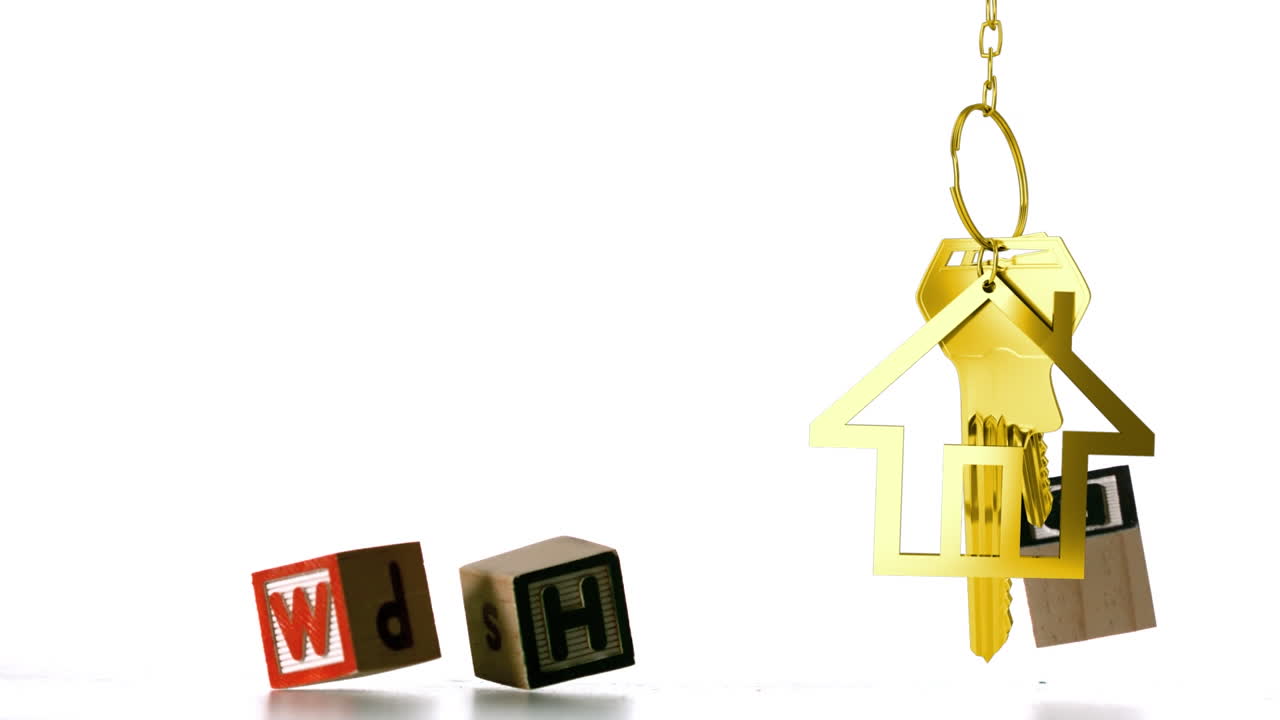 Animation of wooden blocks with text why and golden house shape with key on white background