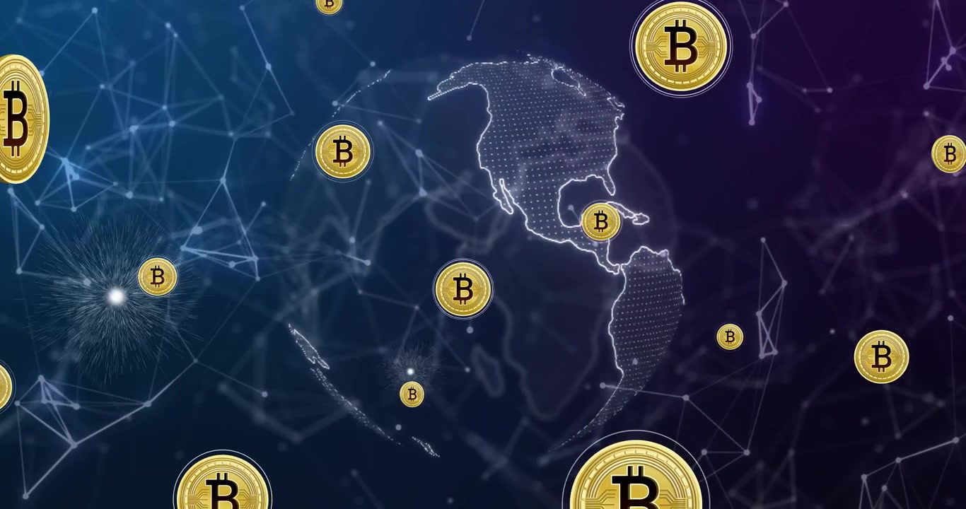 Piccolo punto luminoso che scintilla su un globo puntinato rotante con monete BTC in orbita, mostrando una rete globale.