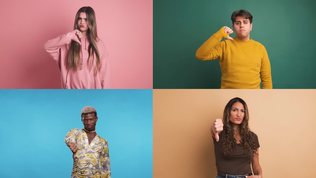 Multiple Screen Montage: Diverse men and women gesture dislike showing thumbs down