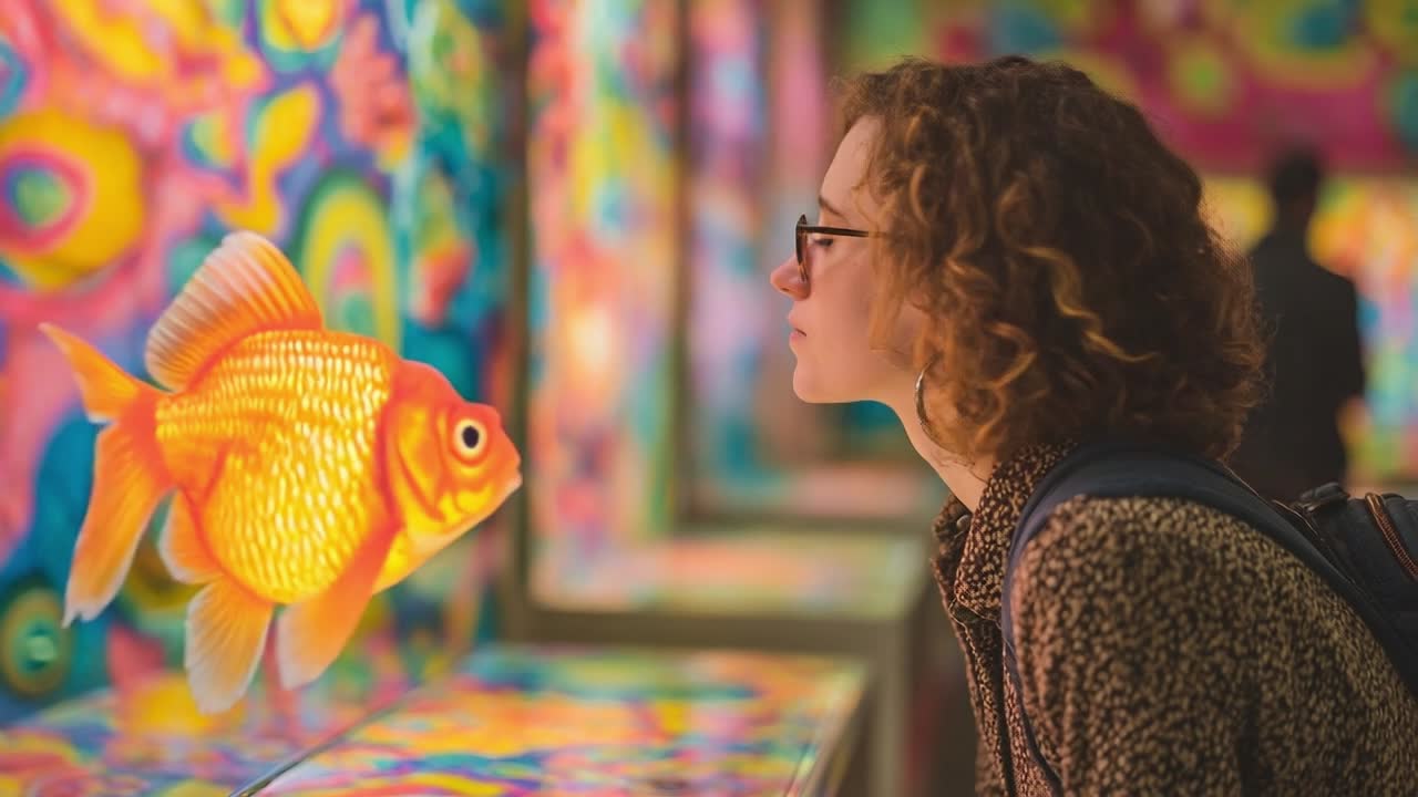 Donna ammira opere d'arte di pesci colorati in una vivace galleria.