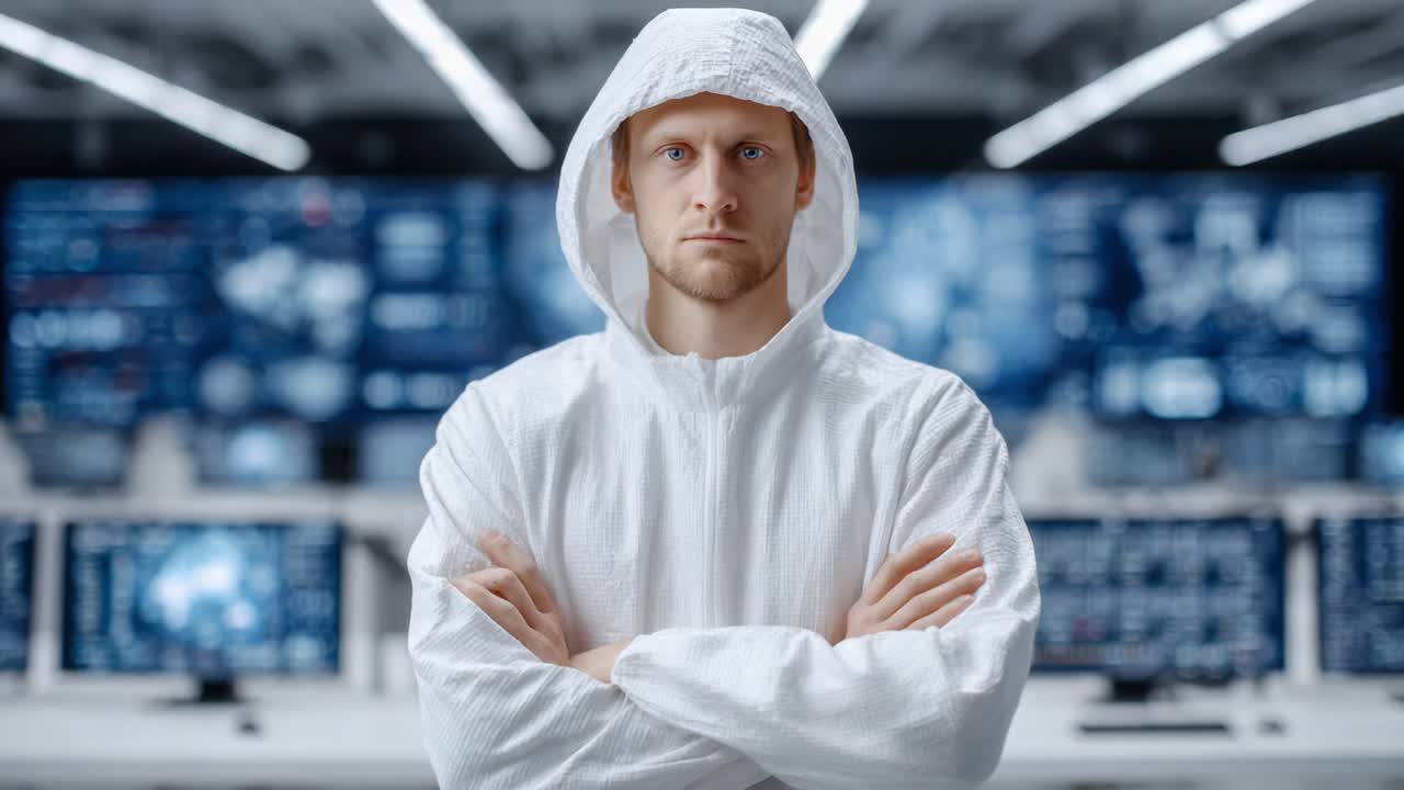 A focused individual in a protective suit stands confidently with arms crossed in a high-tech monitoring room filled with digital screens and complex data displays