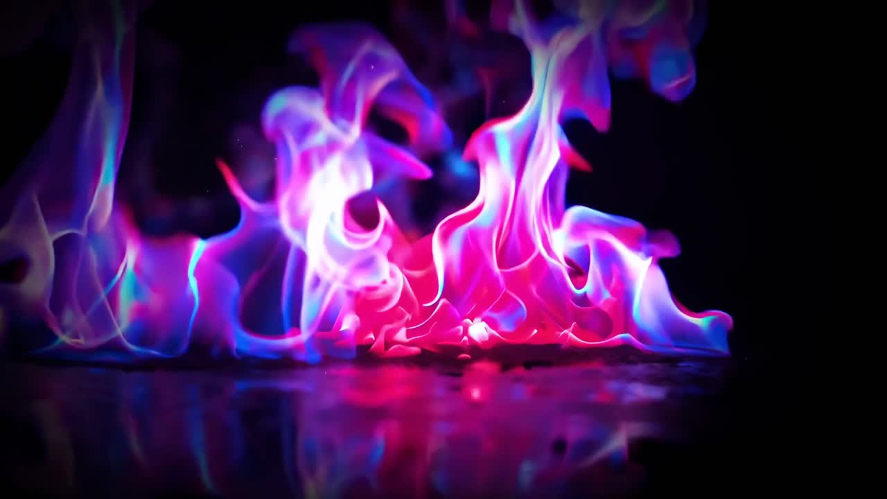 Fiamme vivaci nei toni del rosa e del blu, catturate in un video ravvicinato con vista dal basso