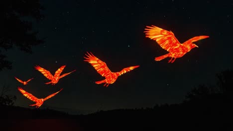 mesmerizing display of fiery birds illuminating the night sky, capturing the essence of freedom and nature's beauty in a stellar dance of light and movement