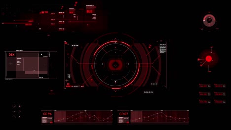 target pointer and futuristic user interface hud gui digital text number element for cyber technology concept with shallow depth of field dark and grain processed