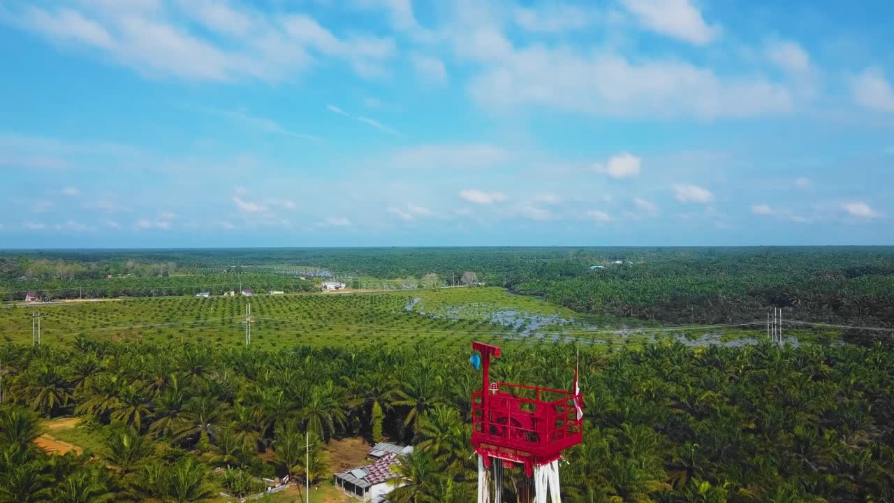 кинематографическая структура наземной буровой и ремонтной установки и оборудование буровой установки для разведки и добычи нефти посреди джунглей в окружении пальмовых деревьев во время заката солнца