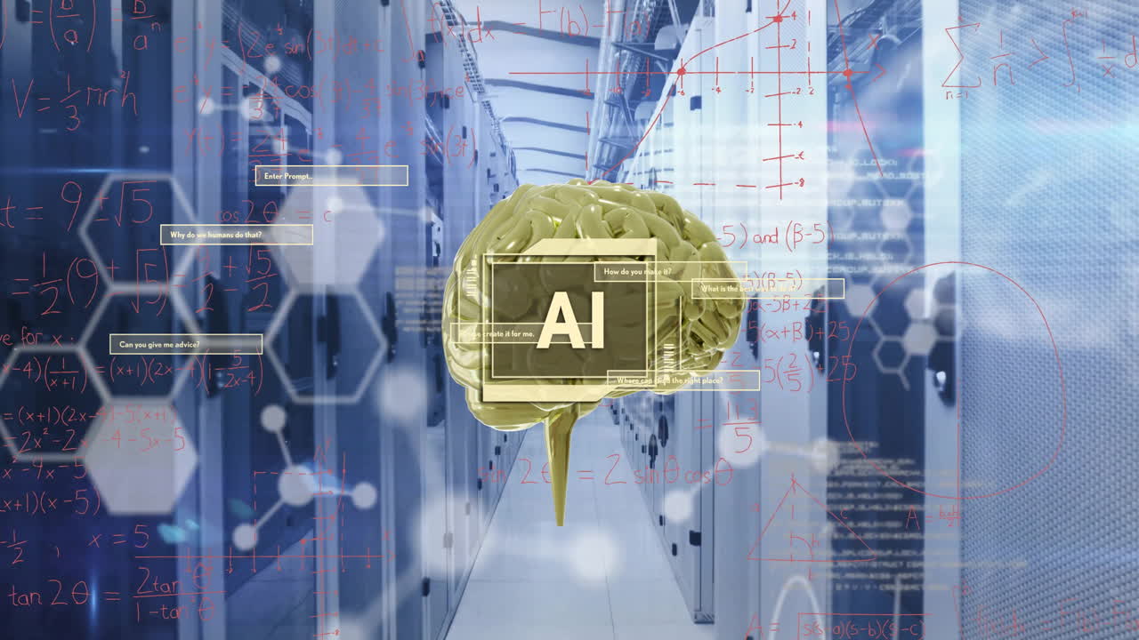 Animation of ai text, brain and data processing over computer servers