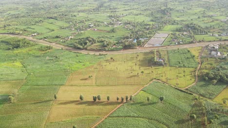 Highway-passing-serene-farmland-in-Southern-Kenya,-Africa,-aerial-view