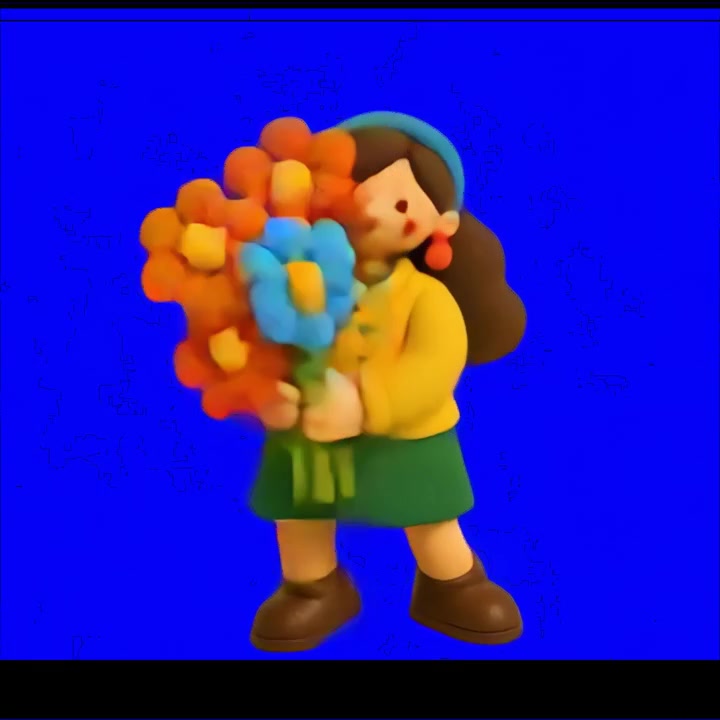Animazione 3D in plastilina di una ragazza che tiene un bouquet di fiori
