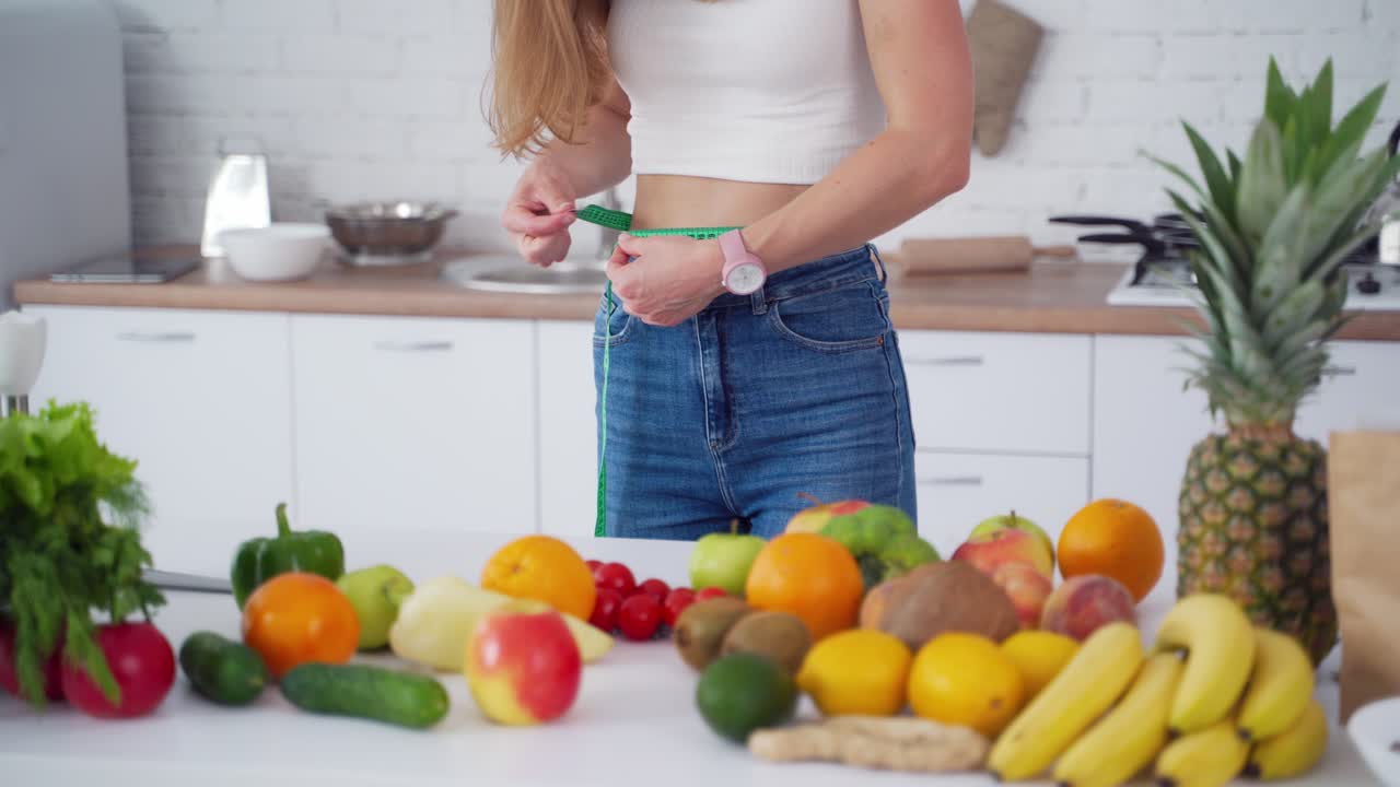 Dieting concept. Young woman measures her belly in the kitchen. Organic fruit and vegetables on the table. Model tries to lose her weight. Healthy diet.
