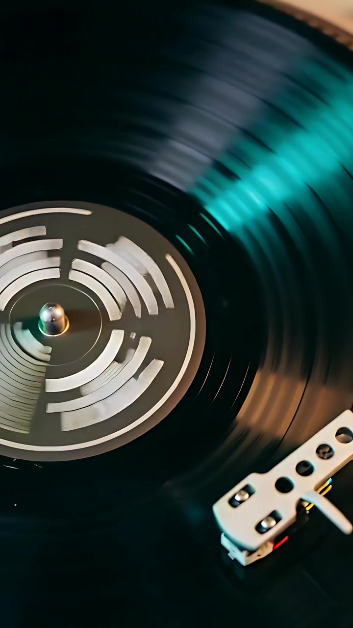 Vertical video: Engaging motor, spinning vinyl on tabletop, tonearm tracking groove for playback