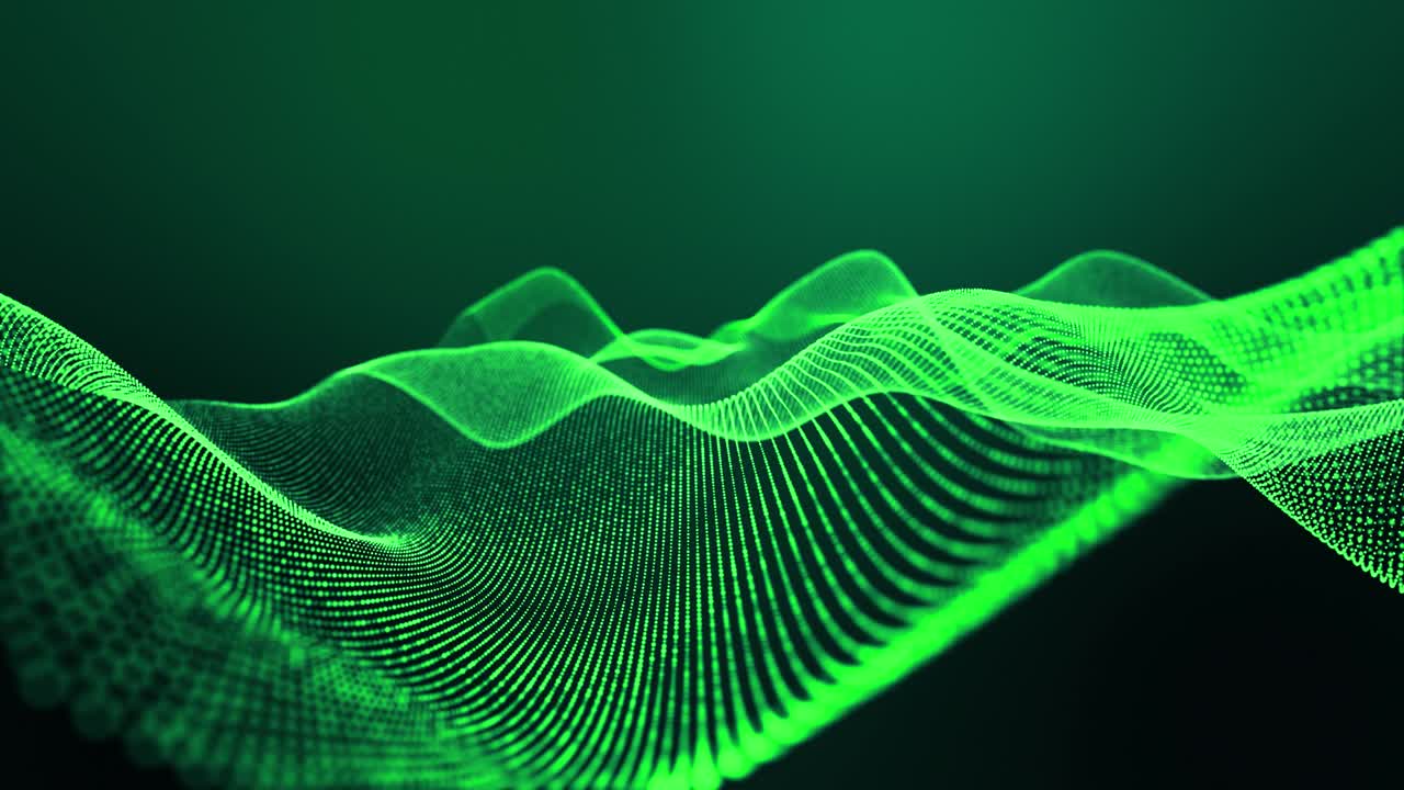 el fondo verde abstracto en bucle de 4k de partículas de brillo forma líneas, superficies, estructuras como paisajes futuristas en el ciberespacio o hologramas. tema de ciencia ficción con dof, efectos de iluminación y bokeh.