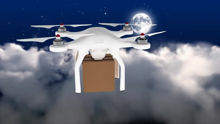 Animation of a drone with a parcel flying in the sky