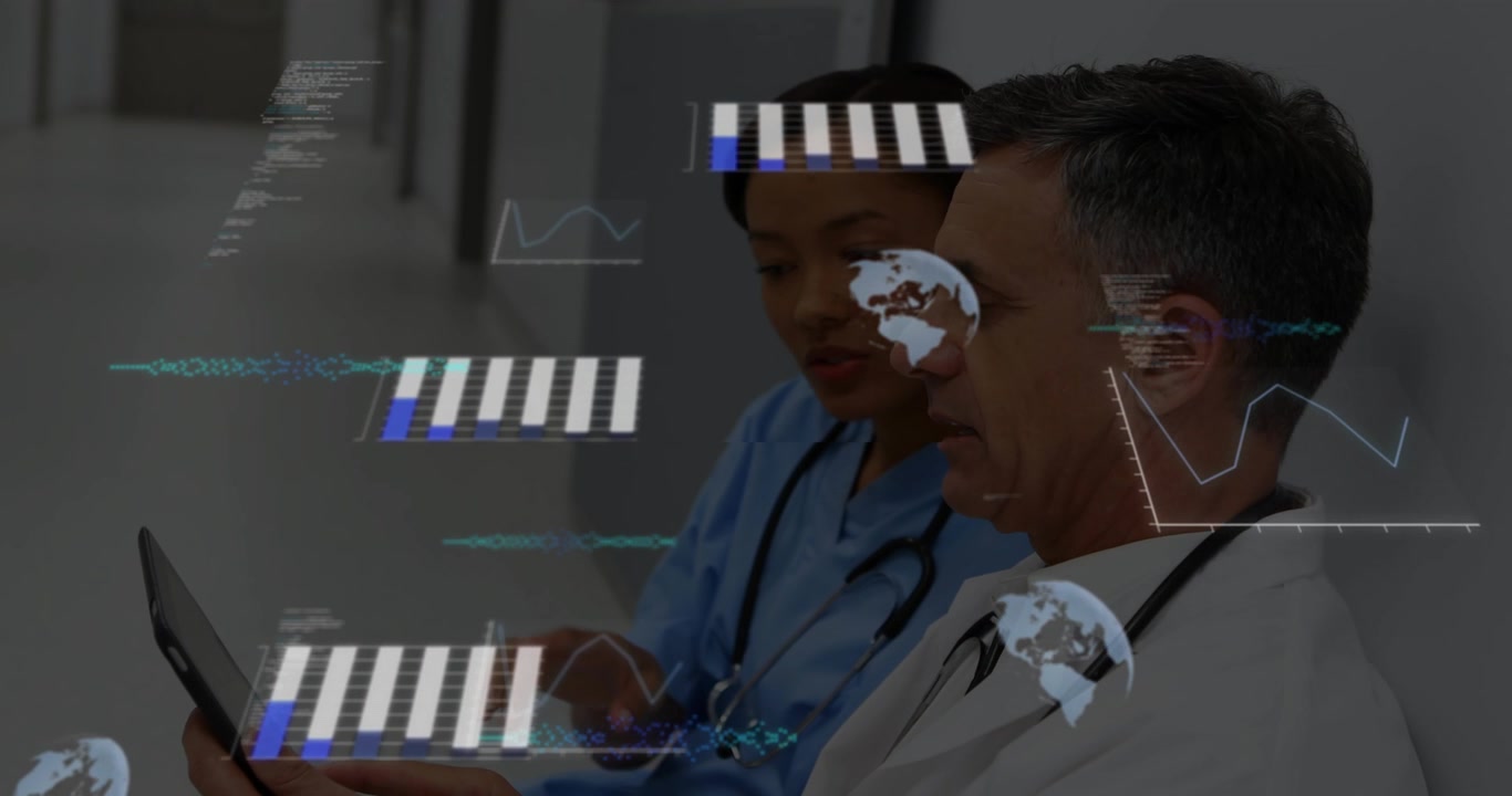 Nurse tapping tablet revealing hologram bar charts while doctor inspecting medical data in corridor