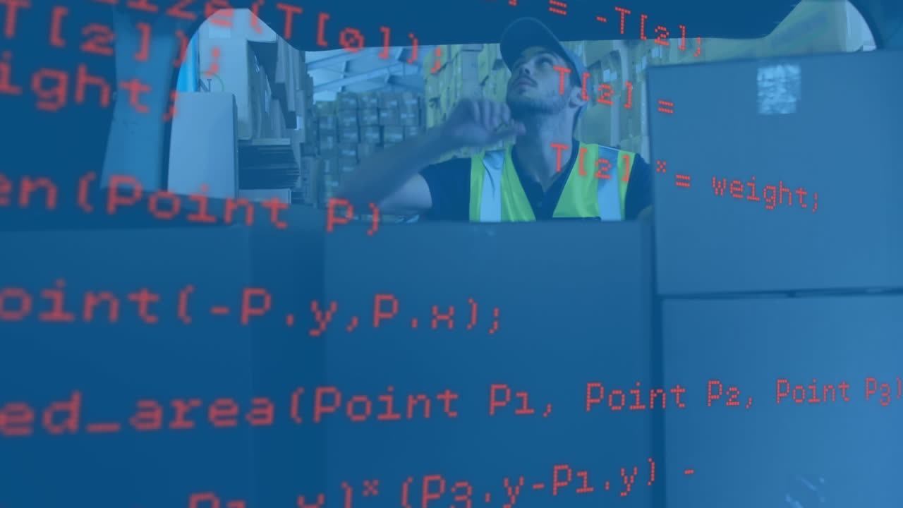 Data processing against caucasian delivery man stacking delivery boxes in his van