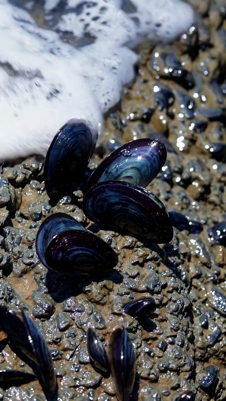 Close-up shot of glossy mussels on a rocky surface, capturing their iridescent hues