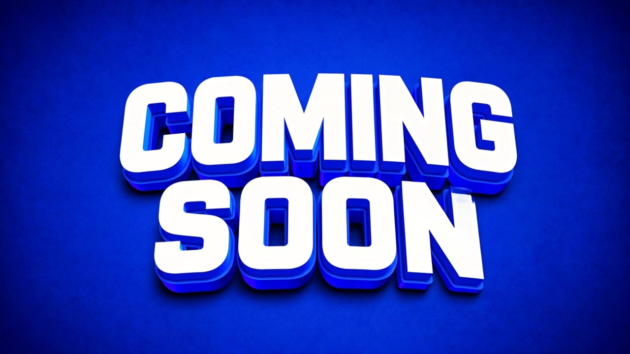 Coming Soon bold white 3D announcement lettering featured on bright blue background