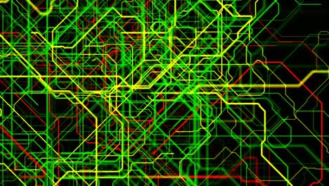 abstract background with bended colorful pipes isolated on black background, seamless loop. animation. flying along pipelines network, industrial 3d animation