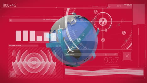 animación del procesamiento de datos sobre un globo giratorio y un fondo rojo