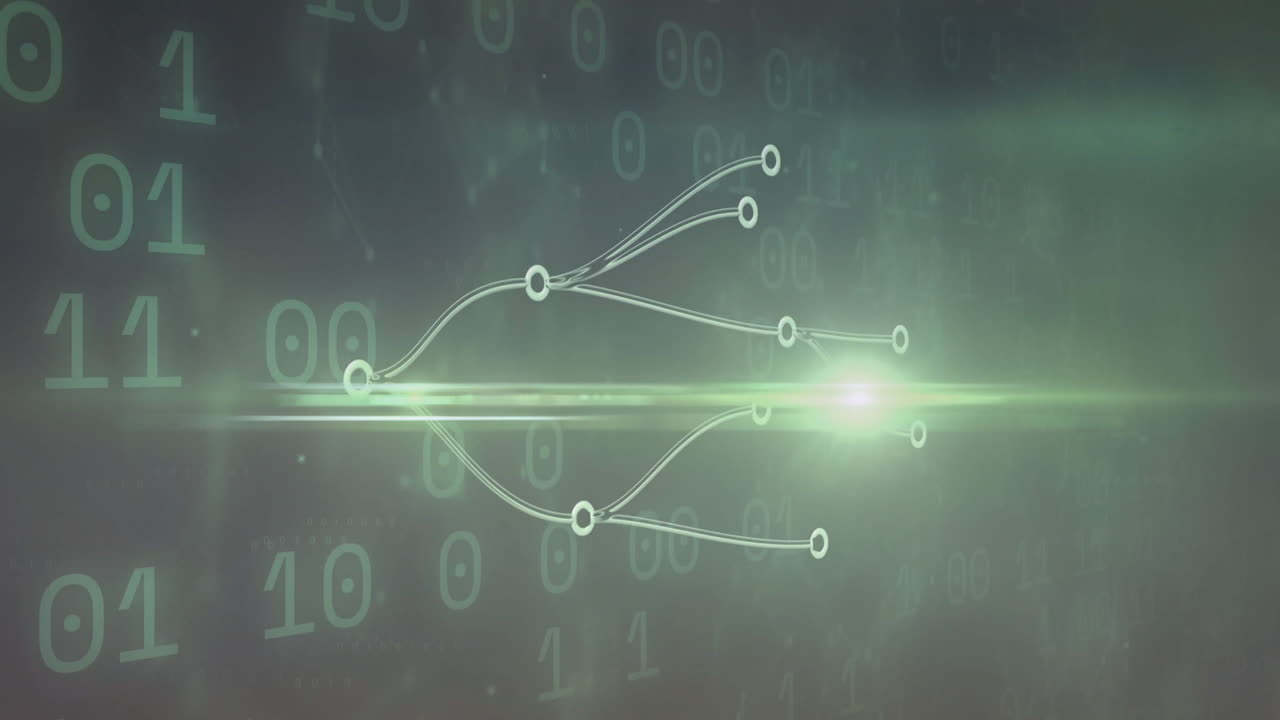 Animation of digital network connections with glowing green light and binary code