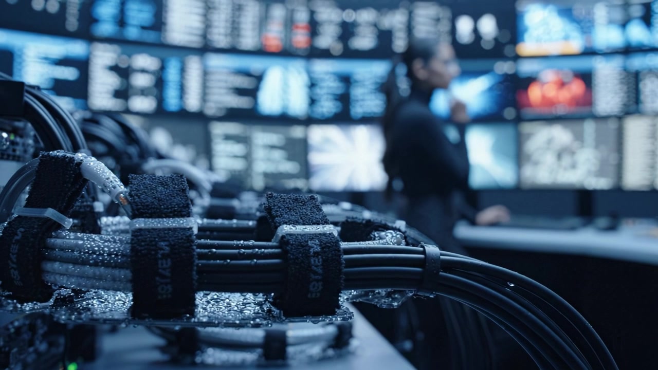 A Focused Operator Monitors Data Flow in a High-Tech Control Room Surrounded by Multiple Screens Displaying Vital Information and Analytics