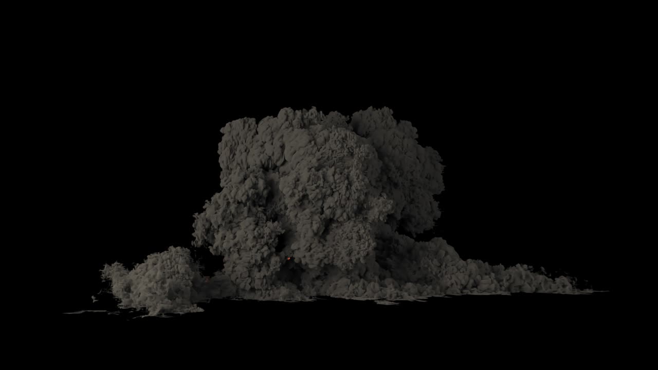 una poderosa explosión de explosivos o combustible con humo negro ondulante. una explosión con humo espeso en un fondo negro aislado con un canal alfa, una explosión de bomba, humo real.