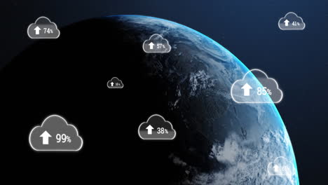 animation of digital clouds with arrows and percent growing over earth in universe in background