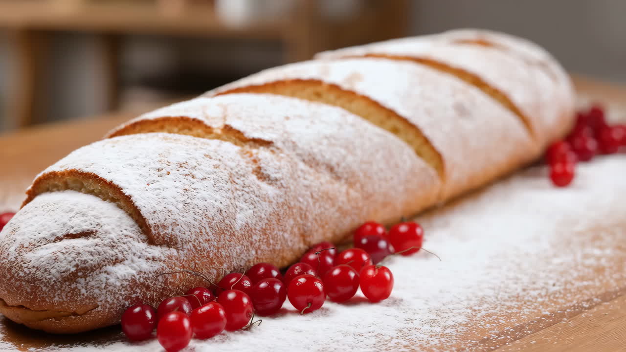 Fresh Baguette Dusted with Powdered Sugar and Red Currants