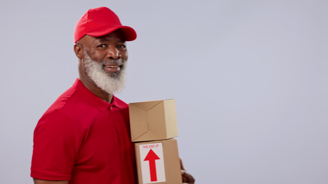 Delivery boxes, smile and mature black man