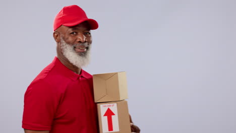 delivery boxes, smile and mature black man