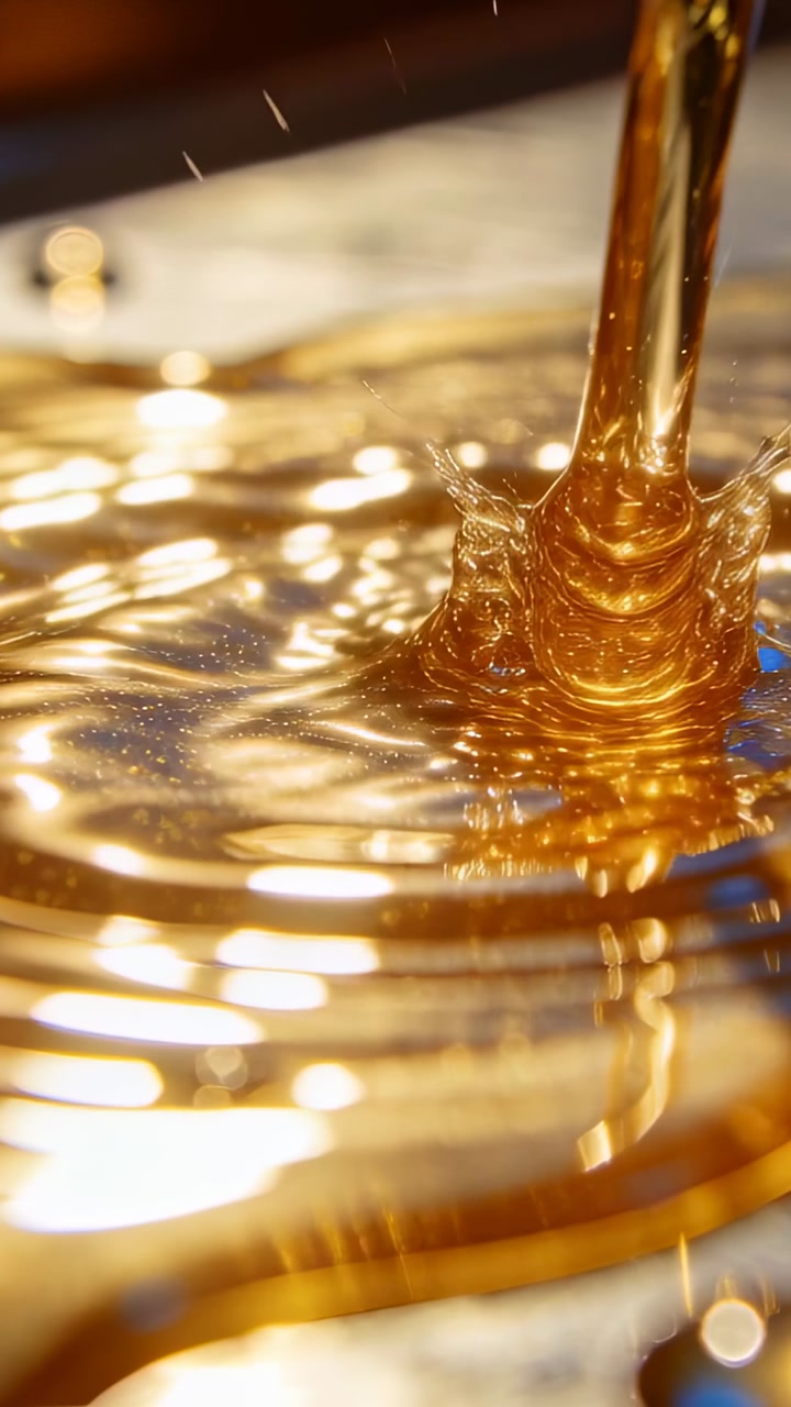 Pouring viscous golden stream feeding pool, forming crown splash in studio macro, sending ripples