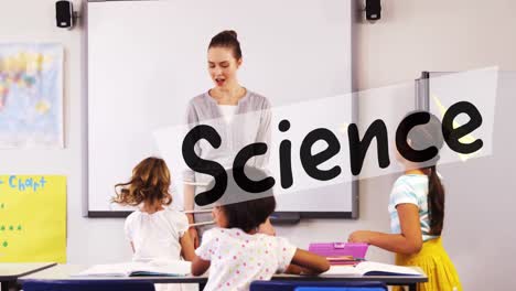 animación de la ciencia sobre feliz maestra caucásica y alumnos diversos.
