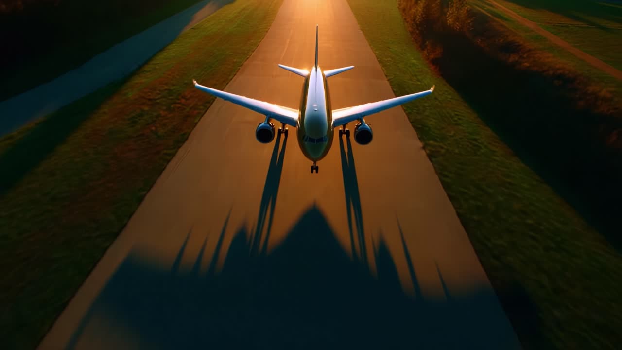 Captivating Aerial View of an Airplane on a Runway During Golden Hour with Shadows Stretching Beneath, Showcasing the Beauty of Aviation and the Art of Flight in Stunning Light
