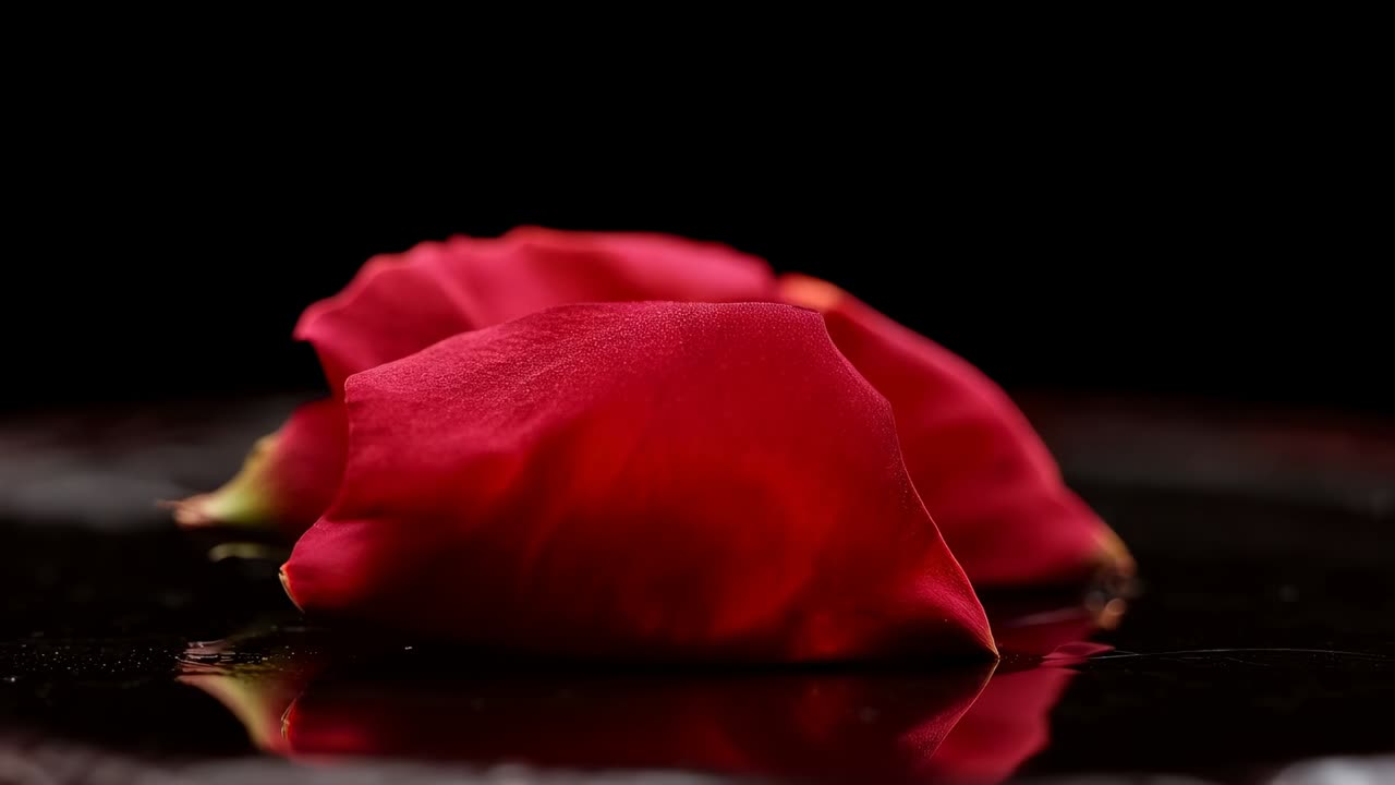 Divampando dopo la comparsa di una scintilla, due petali di rosa rossa si carbonizzano su una superficie nera lucida