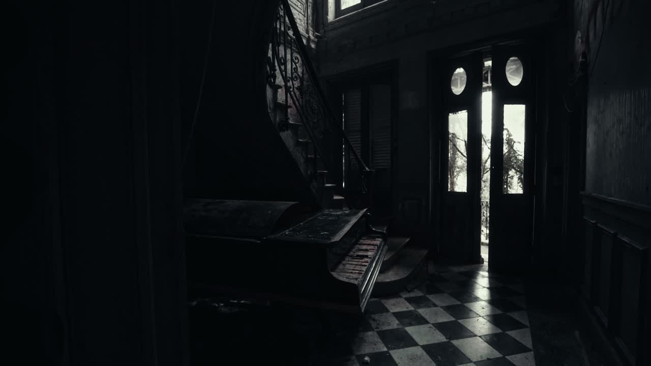 Dark and Eerie Abandoned Mansion Interior with Old Piano
