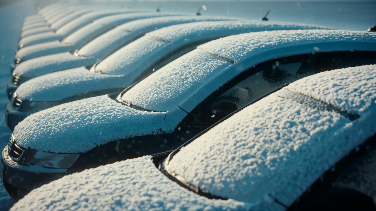 Snowfall initiating camera panning across parking lot, scanning hoods windshields and antennae