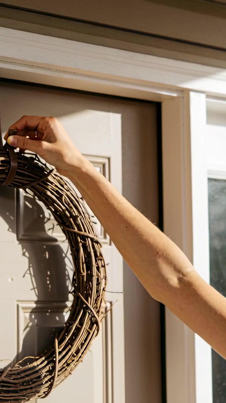 Video verticale: Avvicinamento a una porta, un braccio nudo che posiziona una ghirlanda di vite sulla porta d'ingresso come decorazione.