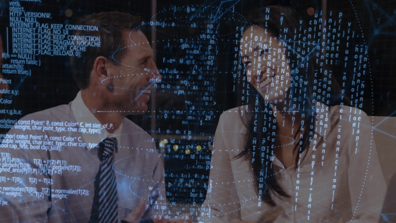 Discussing digital data and code, business professionals in office with animation