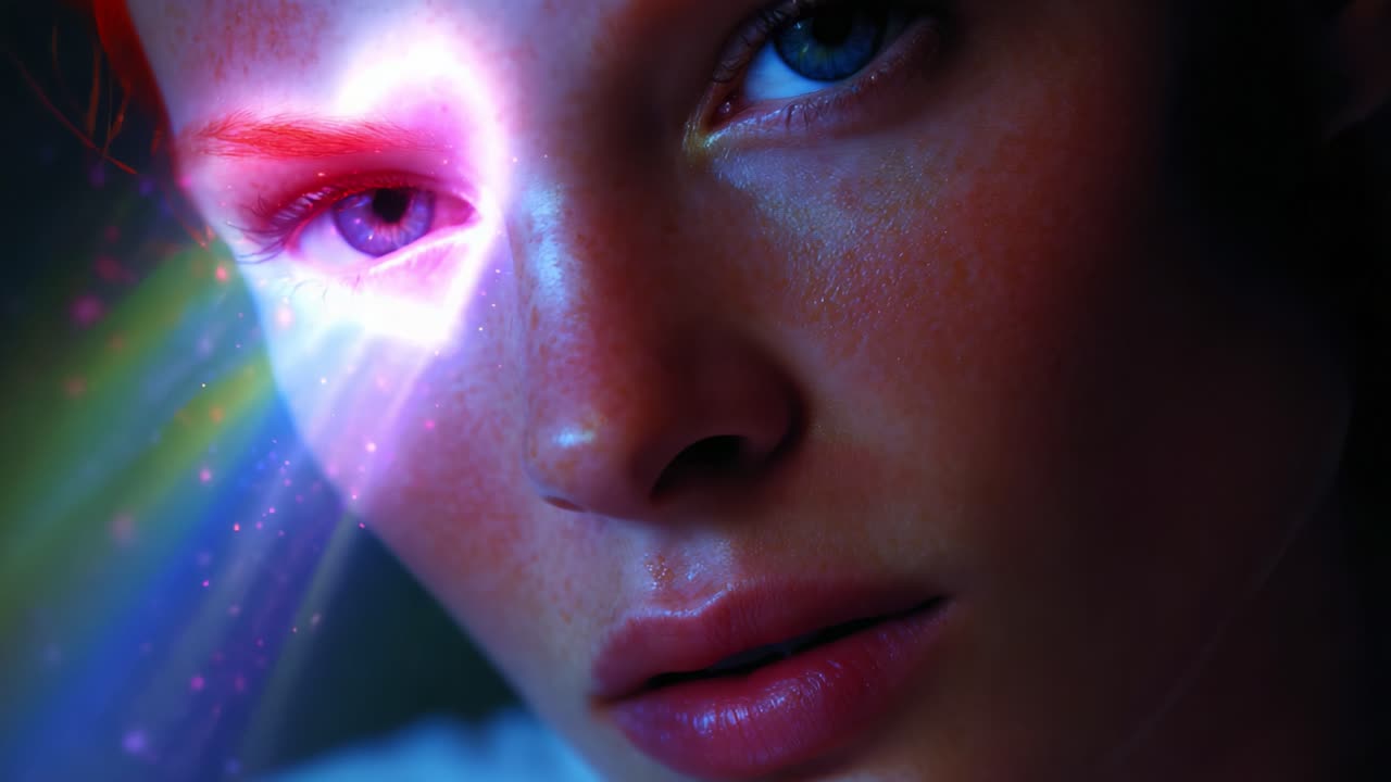 A Captivating Visual Study of Light and Emotion: Exploring the Intersection of Color and Expression in Two Frames of a Young Individual's Radiant Face Under Dynamic Lighting Effects