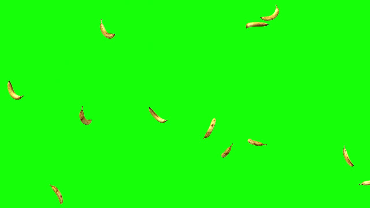 la lluvia de frutas de plátanos que caen en la pantalla verde o la animación de la tecla de croma 3d