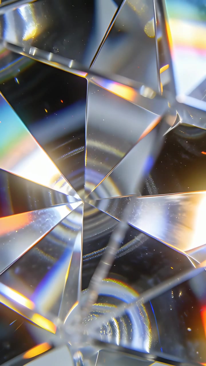 Video verticale: Prisma scintillante che proietta colori in macro, con luci puntiformi che lo colpiscono, mostrando un filo.