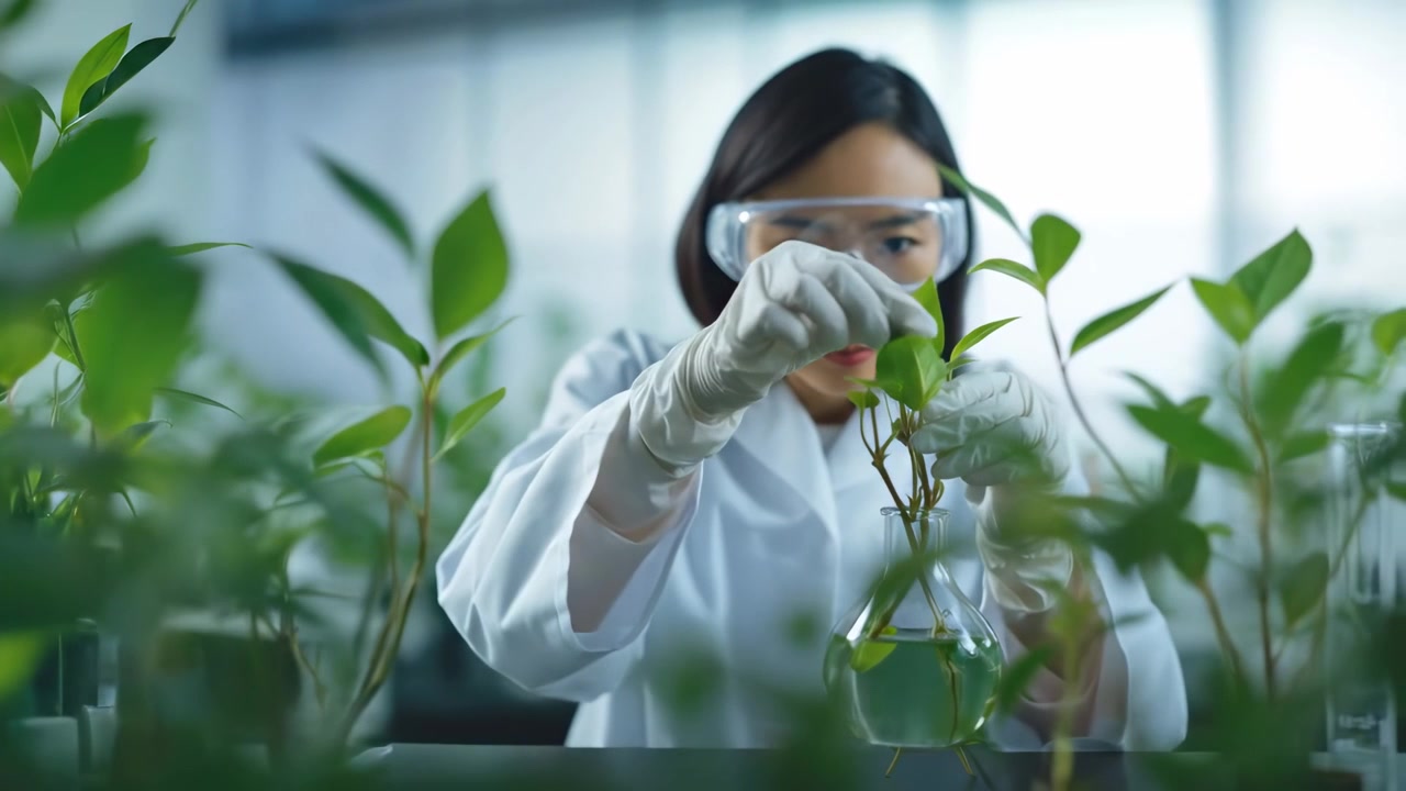 Vědkyně zkoumající rostlinný vzorek v laboratoři.
