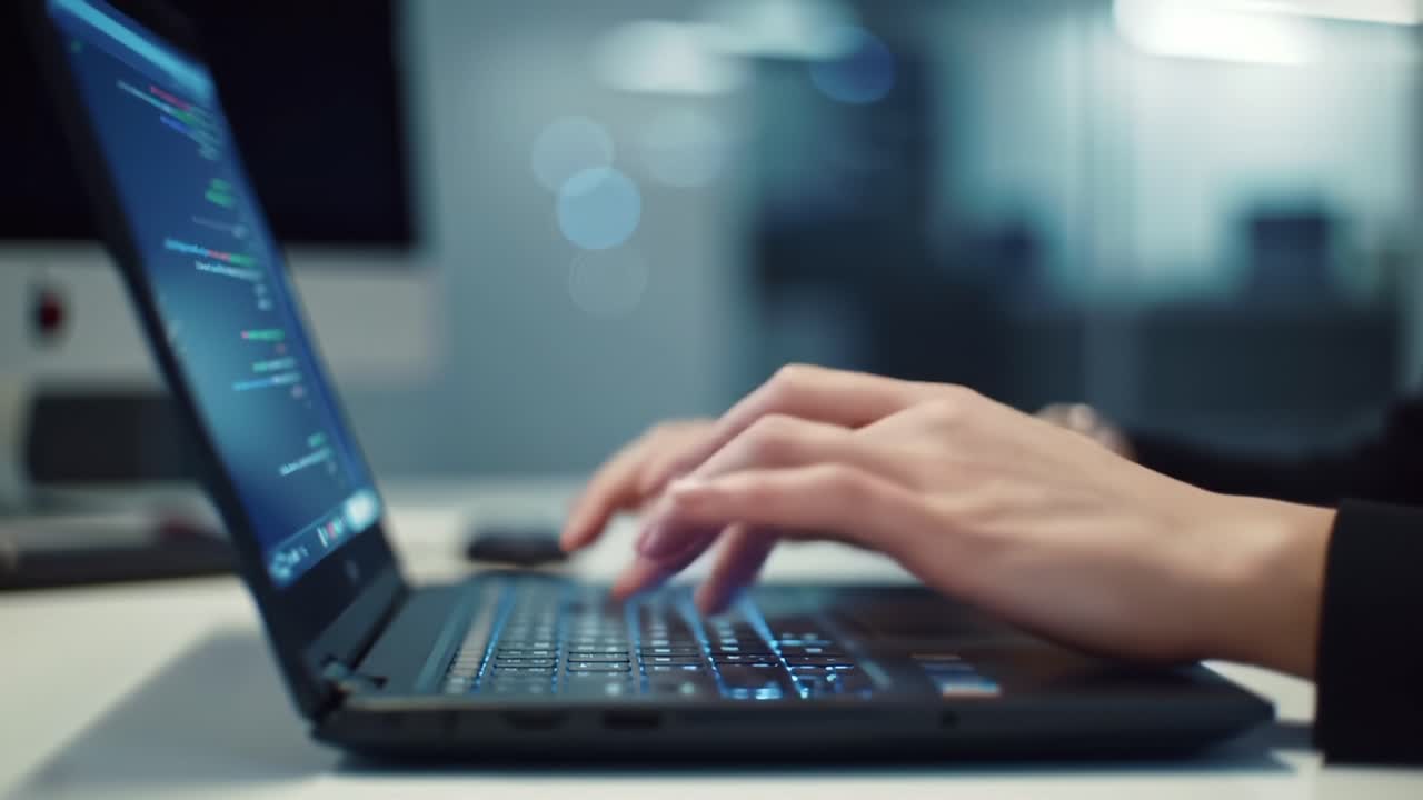 Focused Hand Typing on a Laptop: Capturing the Essence of Coding and Digital Engagement in a Modern Workspace Environment