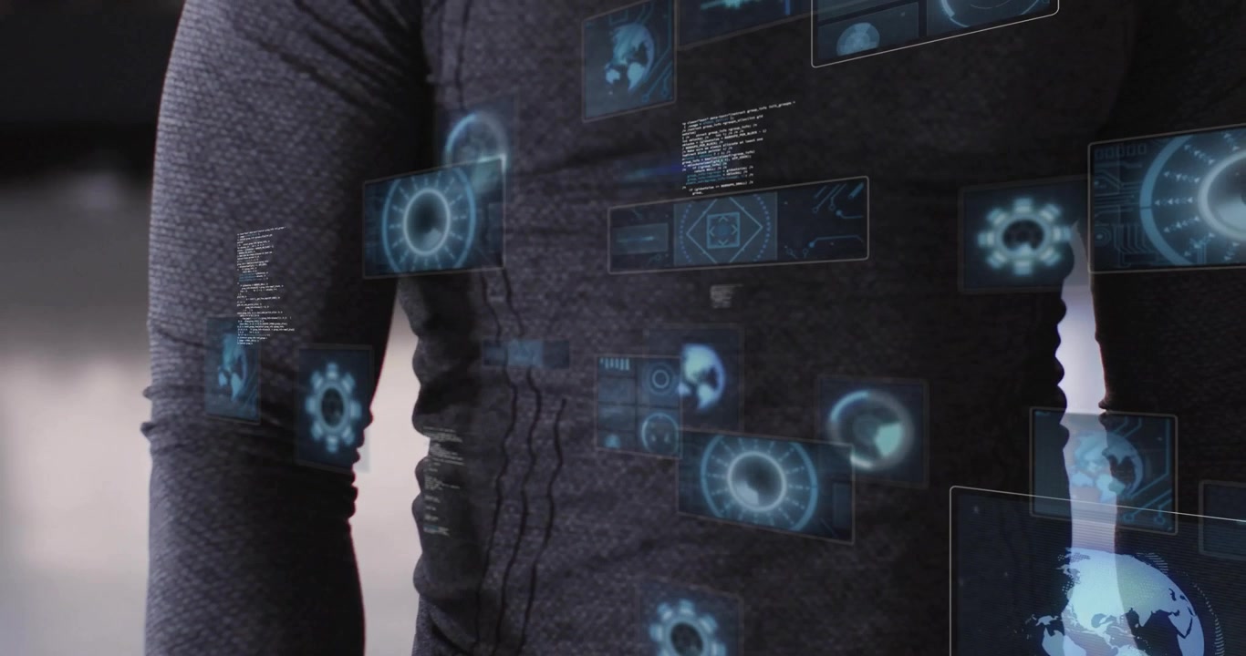 Man manipulating HUD technology, showing floating globe icons, progress meters, code panels