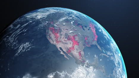 digital globe animation depicts global spread of covid-19, continents turning red.