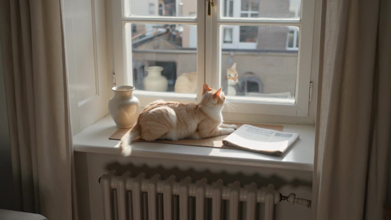 En cremefarvet kat vender sig på vindueskarmen, logrer med halen og kigger, da den bemærker en udekat, der dukker op, med en måtte.