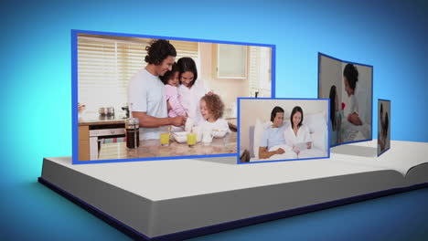 videos familiares en un libro contra un fondo azul